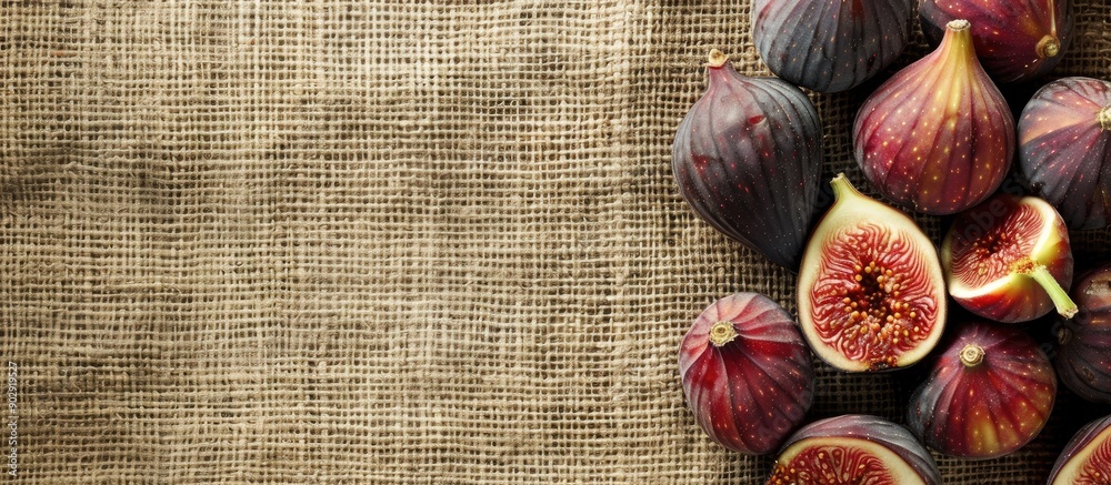 Poster horizontal sackcloth background with a mix of whole figs and a single sliced fig bringing focus to t
