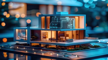 Modern Architectural Model Showcasing Innovative Design and Technology Features at Night