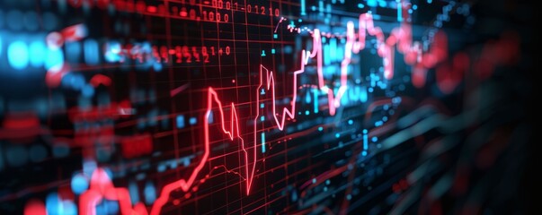 Dynamic stock market graph with red and blue lines, showcasing financial trends and analysis on a digital screen.