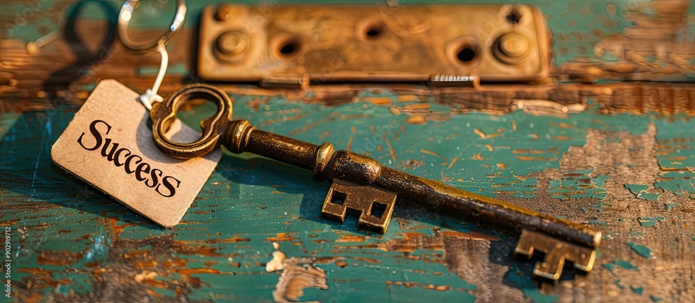Aufkleber A vintage brass key and tag labeled Success are displayed on a wooden table against a green backdrop in a visual representing business or financial success with copy space image