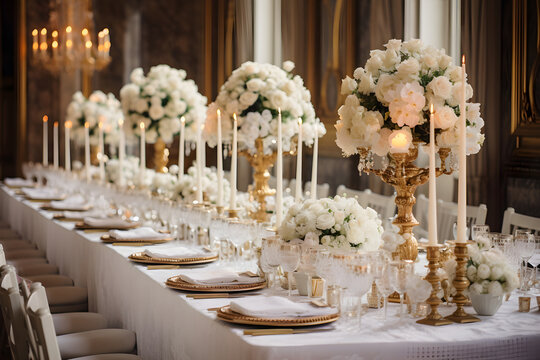 Sophisticated Wedding Reception – Elegantly Designed with White Roses, Golden Accents, and Crystal Chandeliers