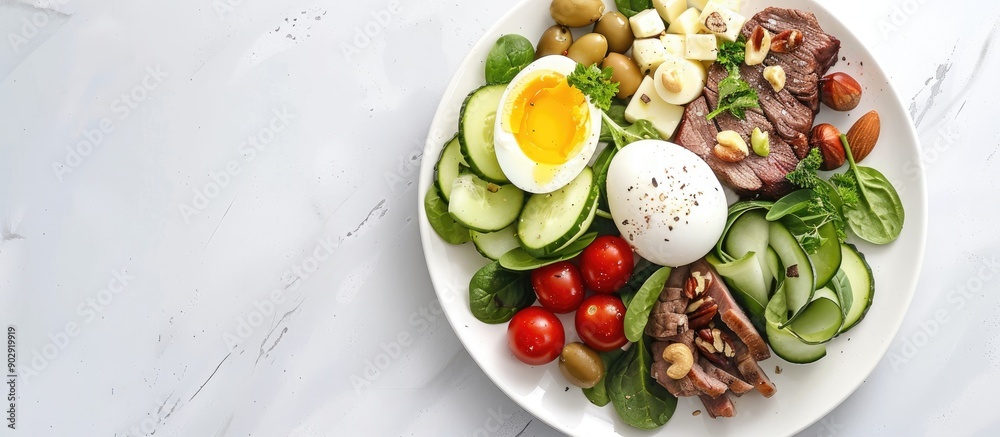 Poster Top view of a keto brunch with a boiled egg pork steak olives cucumber spinach brie cheese nuts and tomato in a copy space image