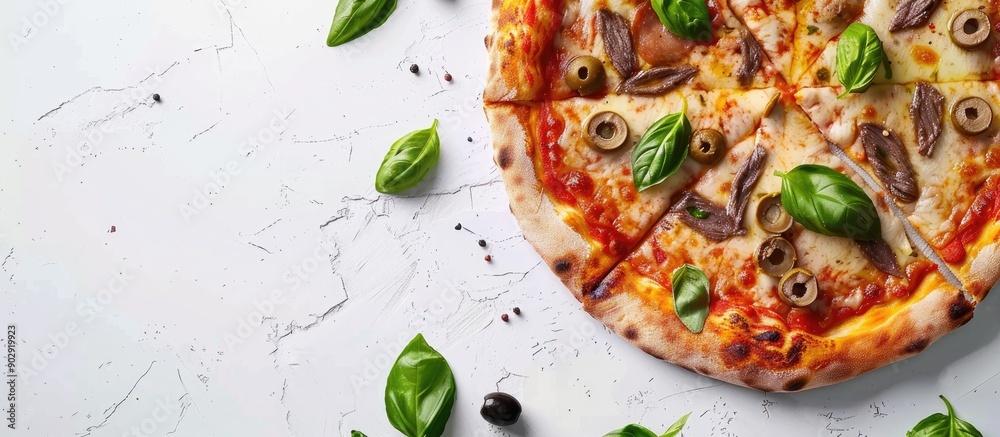 Aufkleber Top view of a flavorful pizza with anchovies basil and olives on a white tabletop providing space for text in the image. Creative banner. Copyspace image