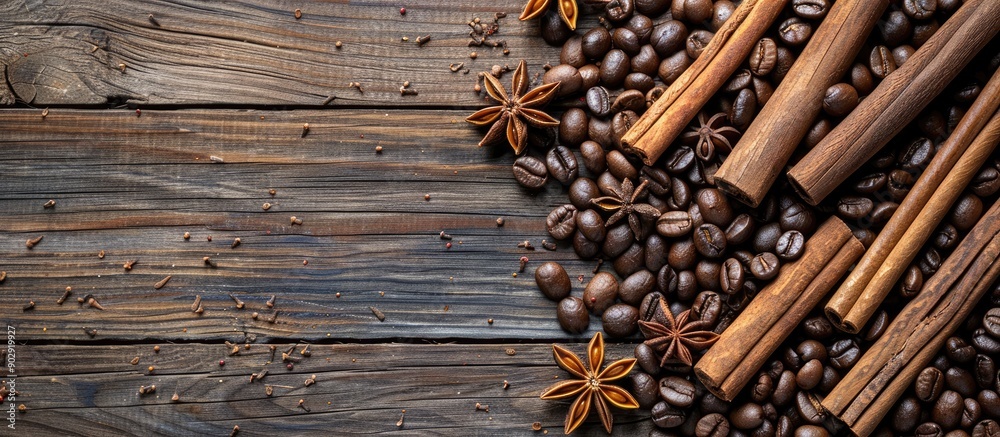 Aufkleber Top view of roasted coffee beans cinnamon sticks and star anise arranged on a rustic wooden backdrop with ample copy space image