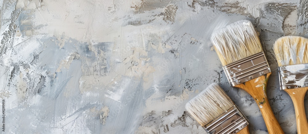 Poster a white and gray background with paintbrushes depicting repair design creativity and art concepts in
