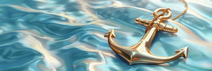 Shiny 3D Brass Anchor on Light Blue Gradient Background