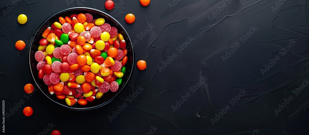 Poster a halloween themed bowl overflowing with candy viewed from above on a black background with ample co