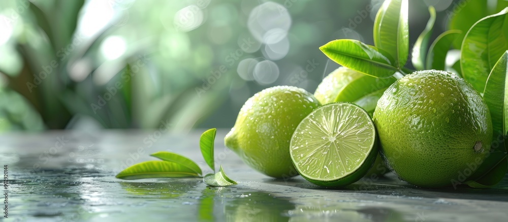 Poster Lush ripe limes displayed on a table with a blank area for text or images in the background. Creative banner. Copyspace image