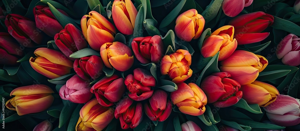 Fototapete easter themed tulips seen from above in a vibrant display with copy space image