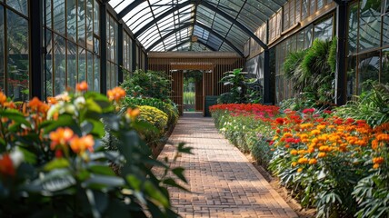 Obraz premium Beautiful greenhouse interior with vibrant flowers and lush plants, showcasing a peaceful, sunlit garden path.