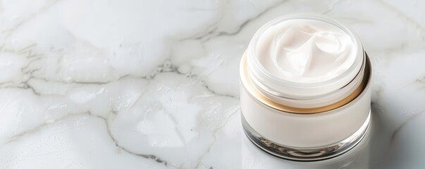 Jar of cream and balm with peptide on a marble surface, luxurious skincare product focus