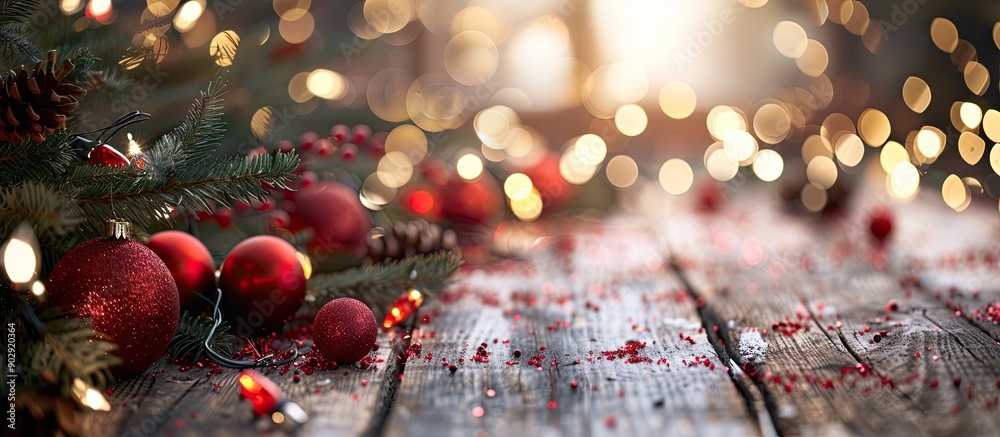 Poster Festive Christmas and New Year theme on a wooden backdrop with a selective focus suitable for text placement in the copy space image