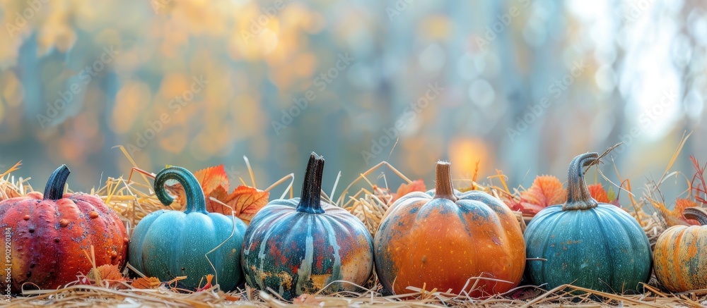 Poster Row of multicolored autumn pumpkins displayed on straw in a fall harvest scene with copy space image