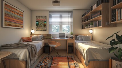 Cozy modern dorm room with twin beds, wooden furniture, shelves full of books, and a window allowing natural light.