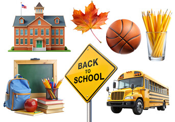 Back to School PNG Set. Collection with school elements isolated on white transparent background, png element clipart.