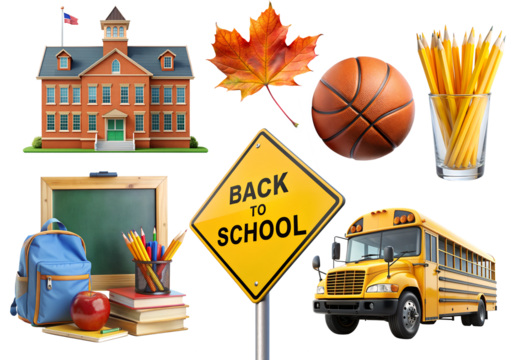 Back to School PNG Set. Collection with school elements isolated on white transparent background, png element clipart. - Powered by Adobe