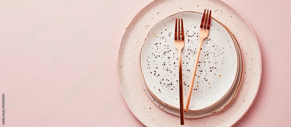 Poster rose gold dessert forks on an off white plate with speckles placed on a light pink surface in a flat