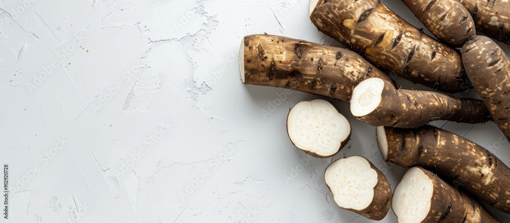Poster White background with Chinese yam creating space for image. Creative banner. Copyspace image