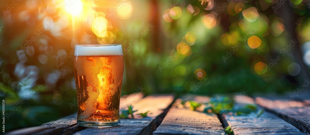 Poster Focused on a beer placed on a wooden table in a garden setting with a blurred background ideal for a copy space image