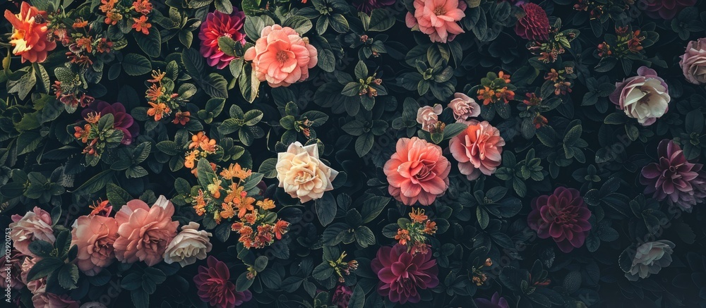 Poster copy space image showcasing numerous lovely flowers set against a dark backdrop ideal for design pro