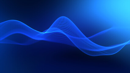 Blue wave on a blue gradient background. Vector water, liquid linear shape. Blue ribbon moves smoothly. Smooth fluorescent plastic line flowing. Wavy wiggle of blue digital stripe. Sci-fi,