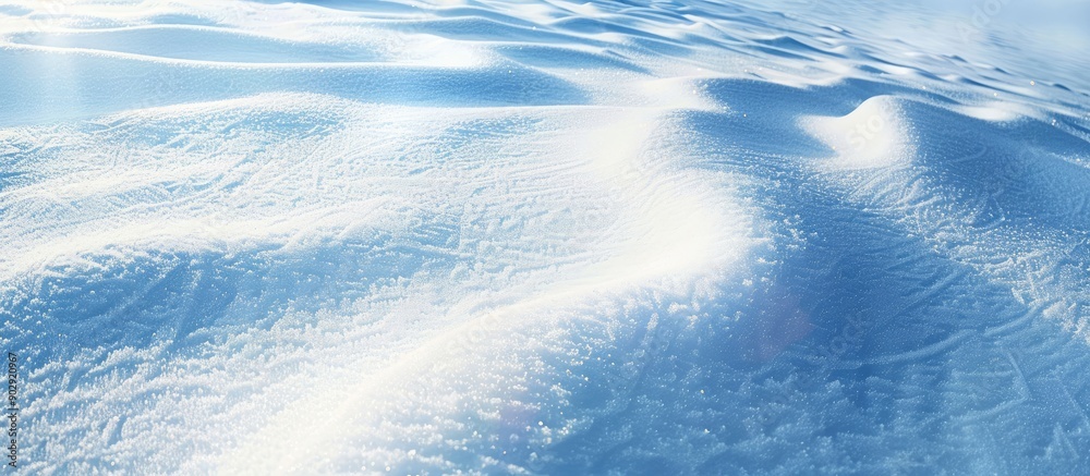 Poster Winter scene with snowy ground and patterns shaped by wind on the snow surface ideal as a copy space image