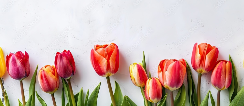 Poster top view of lovely spring tulips against a bright background with space for additional image