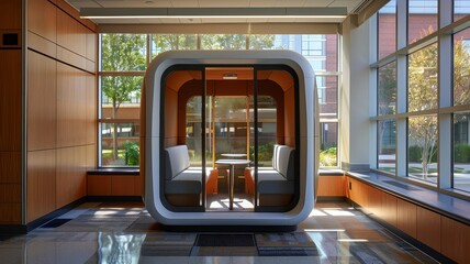 Modern office pod in a bright, open space with large windows and contemporary design for private meetings and collaborative work.