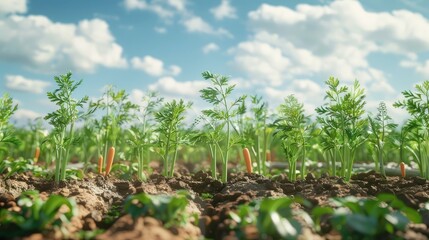 Obraz premium A row of young carrots growing neatly on a farm under a sunny sky, showcasing the vibrancy and health of fresh produce