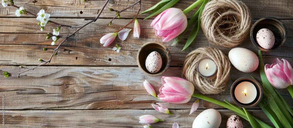 Aufkleber easter themed decorations including eggs pink tulips and scented candles are displayed on a rustic w