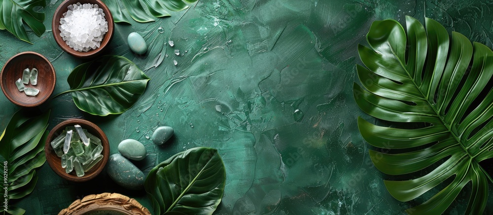 Poster Spa themed elements displayed on a backdrop of banana leaf with copy space image