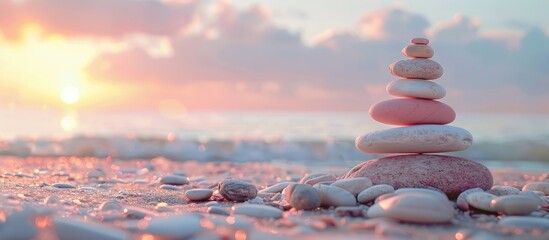 A serene zen pyramid made of white and pink pebbles stands harmoniously on the beach symbolizing life balance and meditation with ample copy space image