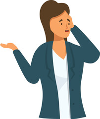 Businesswoman is experiencing stress and confusion, touching her head with her hand while gesturing with the other