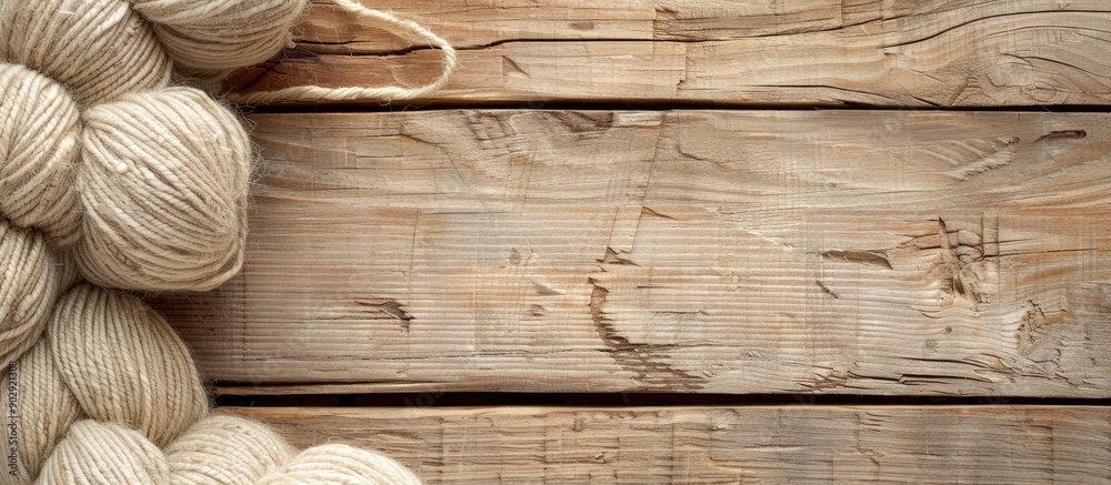 Poster wooden background with copy space image of wool