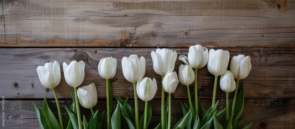 Poster Tulips in white bloom against a rustic wooden backdrop with copy space image