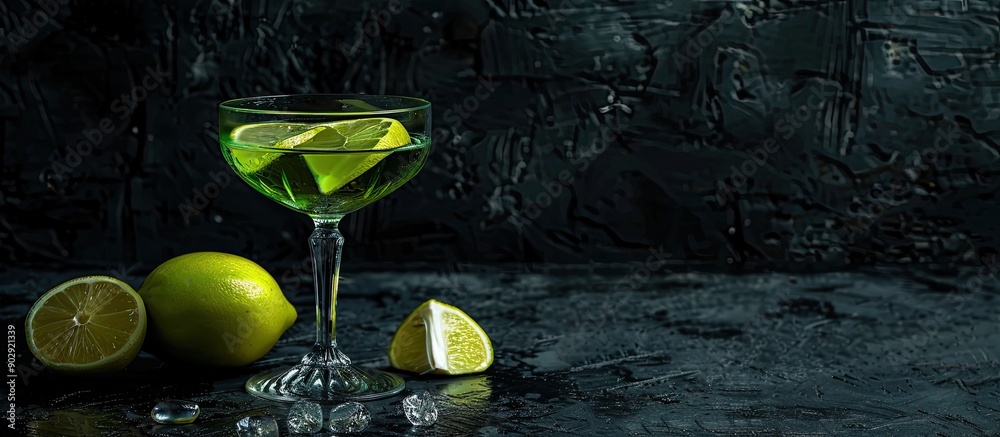 Aufkleber a green lemon placed with a cocktail glass on a dark backdrop creating a stylish copy space image