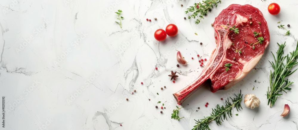 Poster Top view of a raw tomahawk steak with spices and herbs on a white stone background ideal for cooking with the possibility of adding text with a copy space image