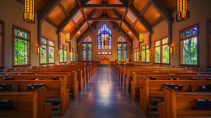 Fototapeta premium Sunlight streaming through stained glass windows illuminating empty wooden pews in a church