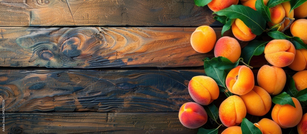 Poster fresh apricots displayed with leaves on a wooden surface providing copy space image along with other