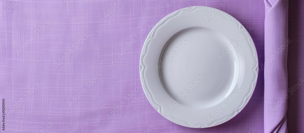 Fototapete white dinner plate showcased with a rolled purple table linen creating an elegant setting against a 