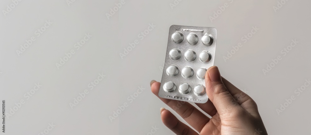 Poster white background with a hand holding silver blister packs of pills providing space for additional in