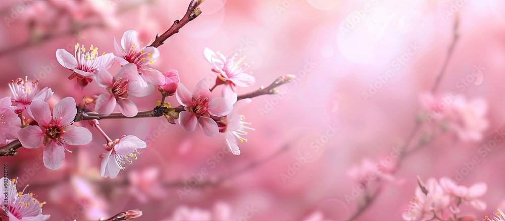 Poster spring themed template featuring a twig of pink sakura flowers on a blurred pink backdrop with selec