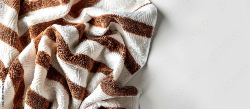 Poster towels with brown and white stripes showcased on a white backdrop for a copy space image