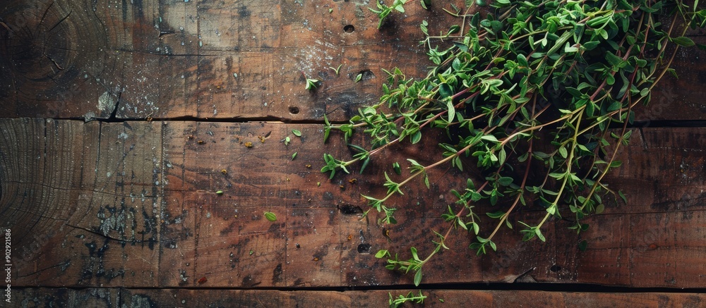 Poster a rustic image with a cluster of fresh thyme on a wooden backdrop reminiscent of a vintage magazine 