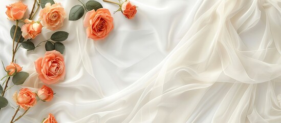 Top view of a gentle minimal mockup for a feminine wedding greeting card or invitation featuring orange roses on tulle chiffon and organza with a silk ribbon providing ample copy space image