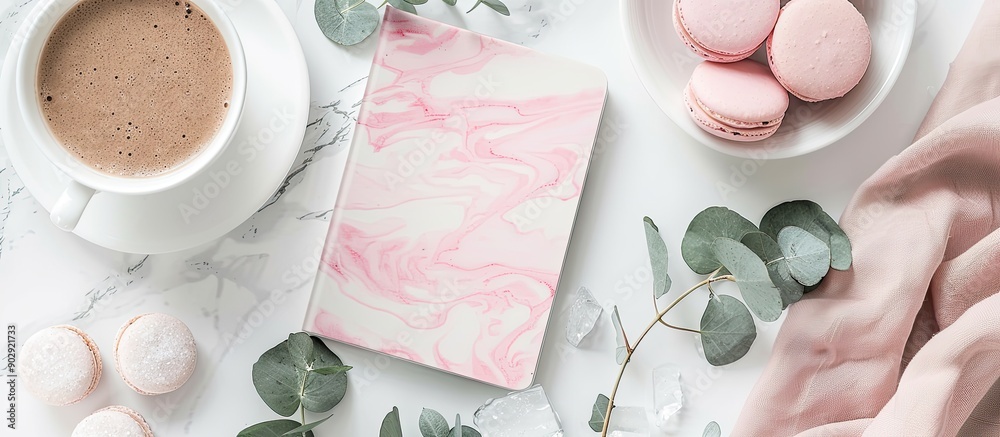 Leinwandbilder feminine workspace with a modern pink and marble notebook macarons coffee cup and eucalyptus leaves 