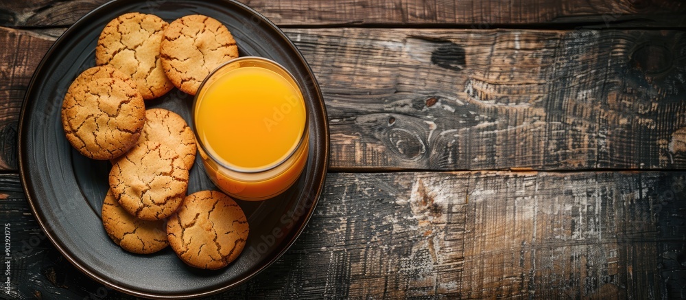 Poster Top view of a glass of orange juice and a plate with cookies on a wooden surface against a dark background with copy space image