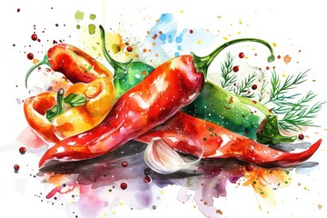 Spicy Pepper Garden Harvest. Watercolor Vegetable Ingredients for Fresh Homemade Cooking
