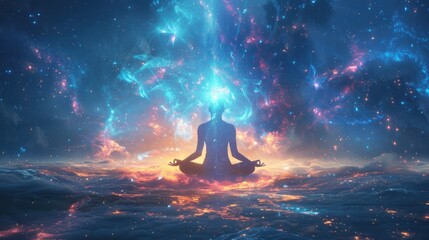 A woman is sitting on a rock overlooking the ocean. The sky is a beautiful mix of pink and purple hues, creating a serene and peaceful atmosphere. The woman is in a meditative state