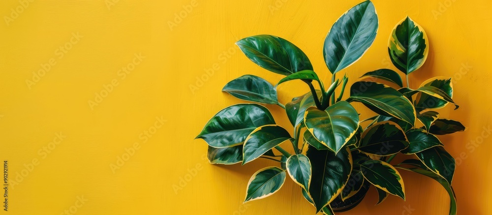 Poster flat lay of a houseplant on a vibrant background with copy space image